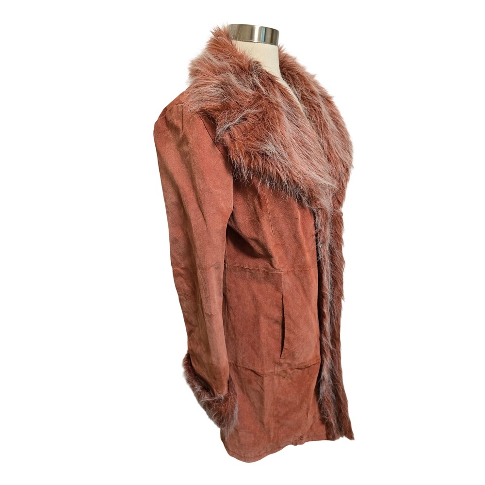Y2K Vintage Suede Penny Lane Coat Faux Fur Trim Rust Orange Boho Jacket Medium - Picture 2 of 9